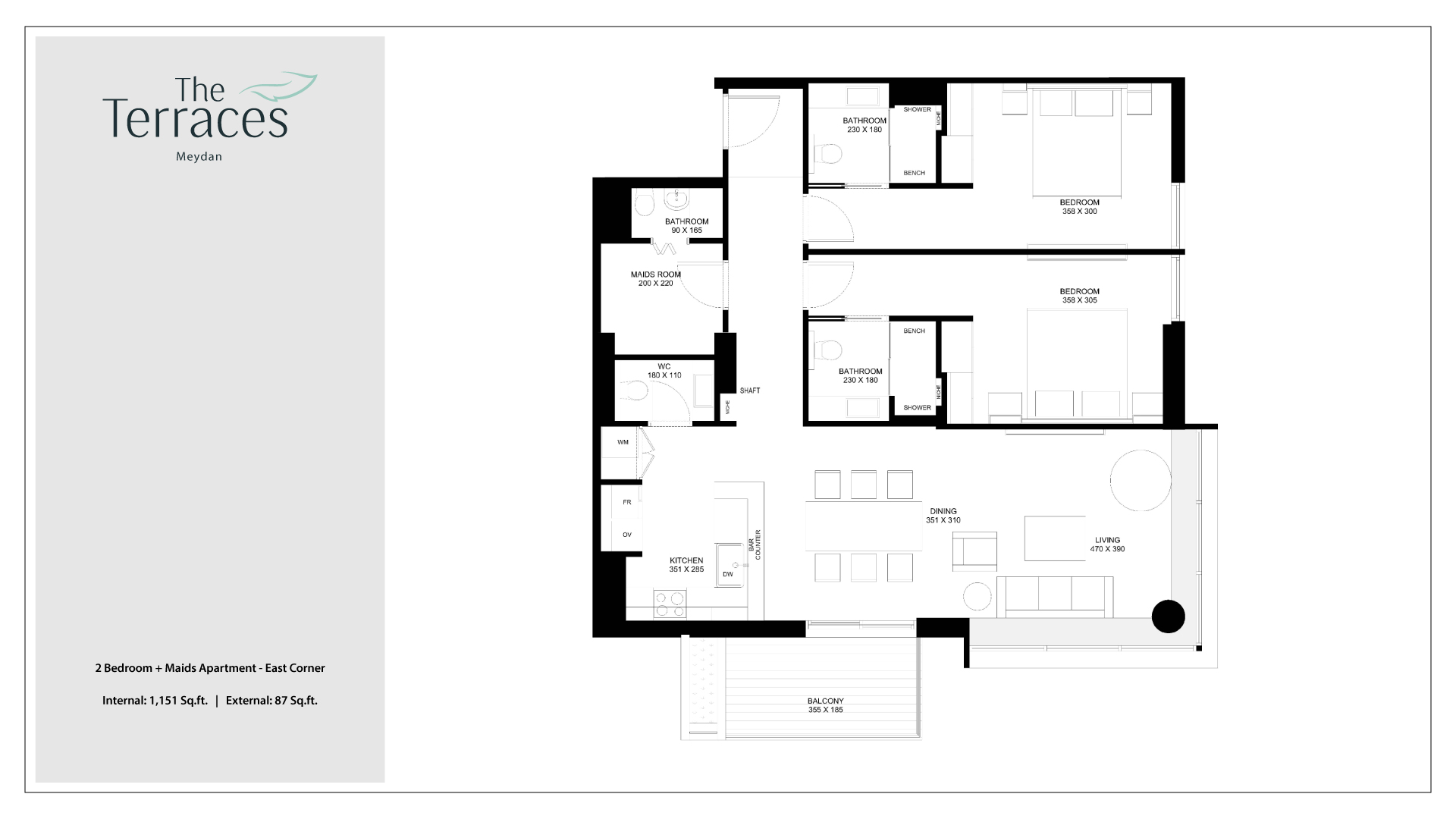 The Terraces 2 Bedroom + Maid Apartment East Corner Floor Plan