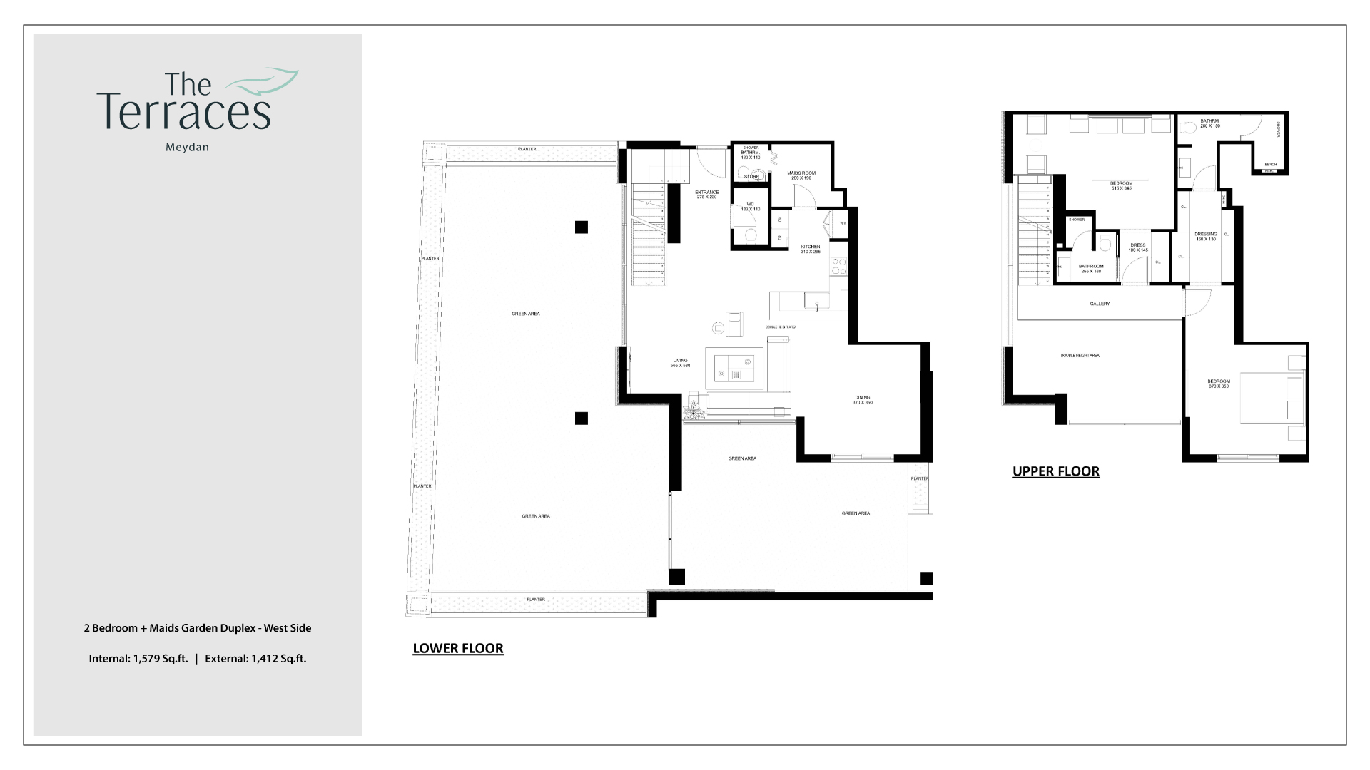 The Terraces 2 Bedroom Garden Duplex + Maids West Side Apartment Floor Plan